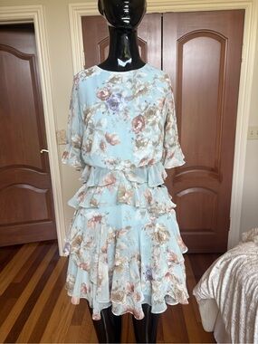 Just Me Light Blue Floral Chiffon Tiered Ruffle Mini Dress Flutter Sleeve